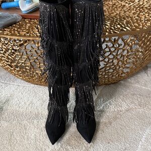 INC International Concepts Black Fringe Over the Knee Boots